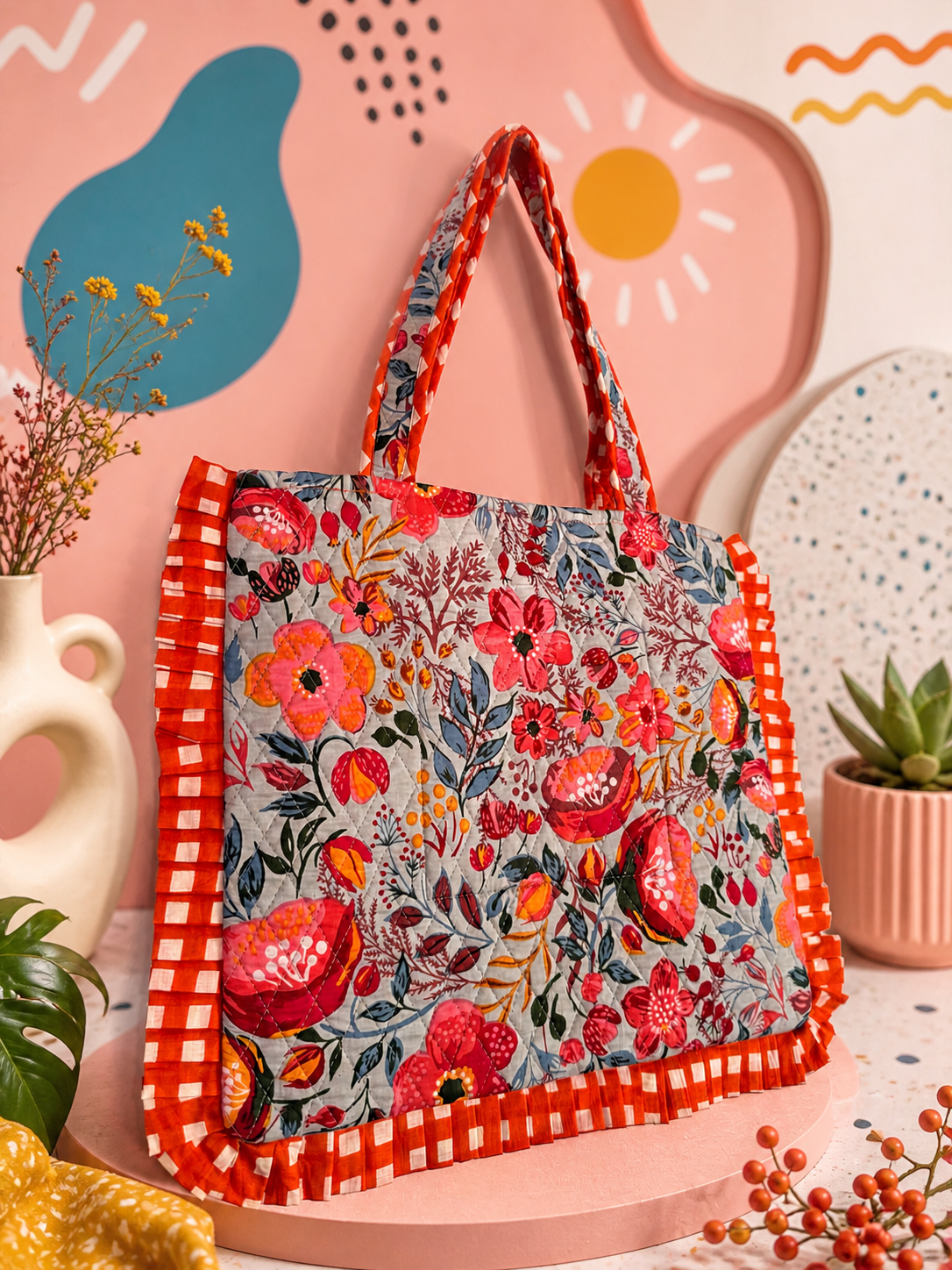 Coral Bloom Ruffle Tote