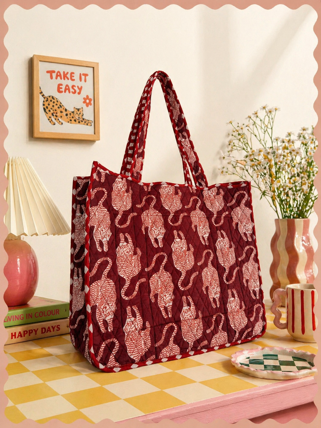 Crimson Cat Quilted Tote