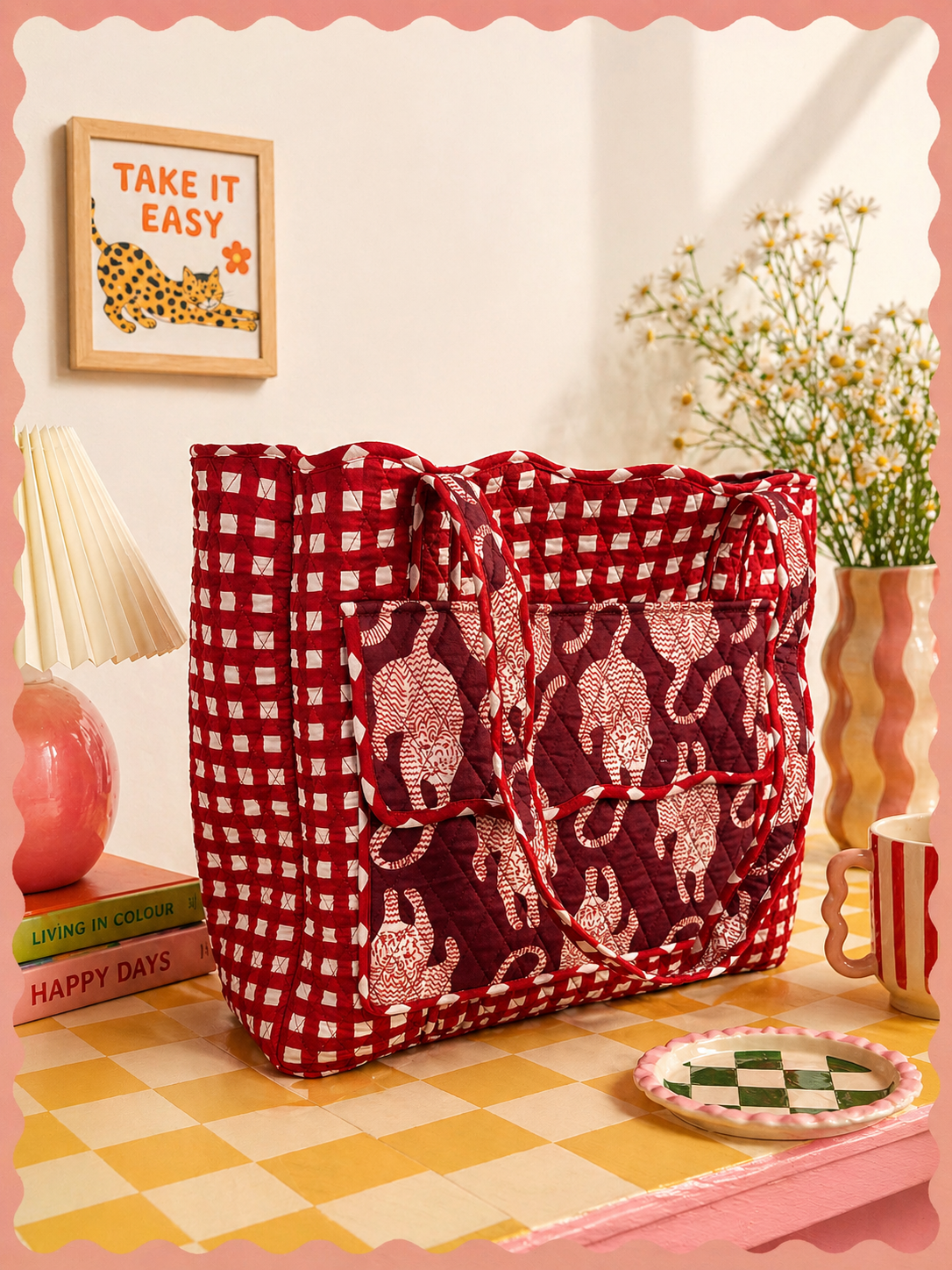 Crimson Cat Quilted Tote